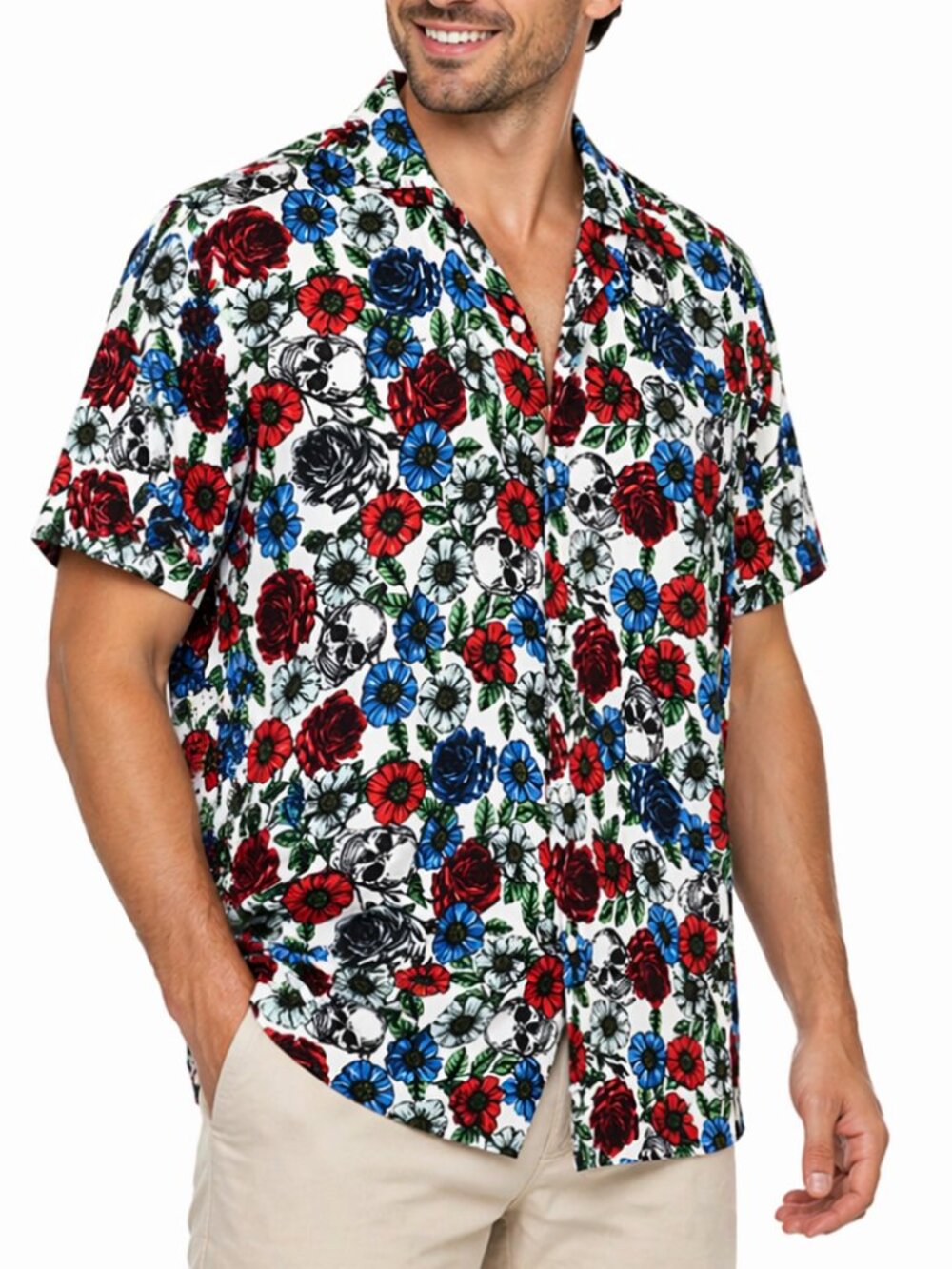 Life is a Beach Good Vibes Skull and Roses Men’s Short Sleeve Button Down Shirt